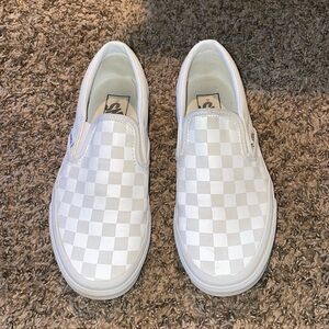 White Checkerboard Vans slip on
